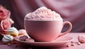 Gourmet dessert chocolate drink, sweet coffee, pink whipped cream generated by AI Royalty Free Stock Photo