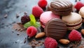 A gourmet dessert collection chocolate, macaroon, raspberry, almond, homemade generated