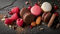 A gourmet dessert collection chocolate, macaroon, raspberry, almond, homemade