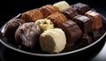 A gourmet dessert collection dark, milk, and white chocolate generated by AI