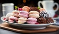 Gourmet dessert macaroon, chocolate, raspberry, strawberry, cream, almond, meringue generated by AI