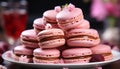 A gourmet dessert macaroon stack, pink, fresh, homemade, indulgence, celebration generated by AI