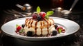 A gourmet dessert with melting cream in a plate on white table background