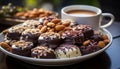 Gourmet dessert plate with chocolate, almond, and coffee generated by AI