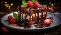 A gourmet dessert plate with chocolate cake, raspberry sauce, and whipped cream generated by AI