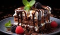 Gourmet dessert plate chocolate cake, raspberry slice, mint leaf generated by AI