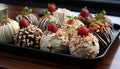 Gourmet dessert plate, chocolate, raspberry, strawberry, almond generated by AI