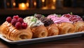 Gourmet dessert plate chocolate, raspberry, whipped cream, fresh fruit generated by AI Royalty Free Stock Photo