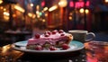 A gourmet dessert plate with fresh fruit and chocolate generated by AI Royalty Free Stock Photo