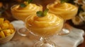 gourmet desserts, experience the indulgence of mango pudding in chic glass bowls, a silky dessert that tantalizes your