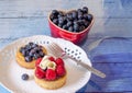 Berry desserts on blue planks Royalty Free Stock Photo