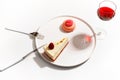 Gourmet desserts on a white plate. Top view