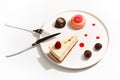 Gourmet desserts on a white plate. Top view