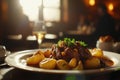 Gourmet dinner with glazed beef, roasted potatoes, and white wine in a cozy restaurant setting Royalty Free Stock Photo
