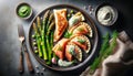 Gourmet Dinner Plate with Salmon, Dumplings, and Asparagus Royalty Free Stock Photo