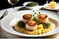 Gourmet Dinner Plated Elegantly on a White Porcelain Dish: Seared Scallops Nestling Atop a Bed of Saffron-infused Risotto