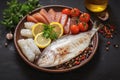 Gourmet dinner seafood fish plate with fresh raw fish