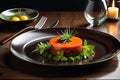 Gourmet Dish Elegantly Presented on a Fine Dining Plate, Centered on a Polished Dark Wood Table