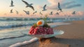 Delicious Matjes Herring Salad on the Beach at Sunset Royalty Free Stock Photo