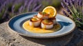 Delicious Seared Scallops with Lemon Butter Sauce and Lavender Royalty Free Stock Photo