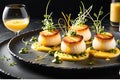 Gourmet Dish at a High-End Restaurant: Cheese-Crusted Seared Scallops Arrayed Elegantly on a Slate Platter