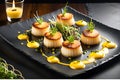 Gourmet Dish at a High-End Restaurant: Cheese-Crusted Seared Scallops Arrayed Elegantly on a Slate Platter