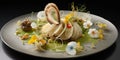 A gourmet dish intricately plated to resemble a famous painting, marrying culinary art and classic masterpieces, concept
