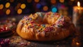 Gourmet donut with chocolate icing and candy decoration generated by AI Royalty Free Stock Photo