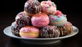 Gourmet donut, chocolate icing, multi colored candy, sweet temptation on plate generated by AI Royalty Free Stock Photo