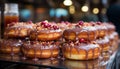 Gourmet donut with chocolate icing and strawberry generated by AI