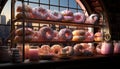 Gourmet donut collection, sweet snack on modern pink table generated by AI