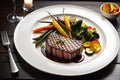 Gourmet Elegance from Above: Perfectly Seared Steak on a Plate with a Delicate Arrangement