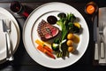 Gourmet Elegance from Above: Perfectly Seared Steak on a Plate with a Delicate Arrangement