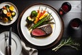 Gourmet Elegance from Above: Perfectly Seared Steak on a Plate with a Delicate Arrangement