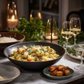 Gourmet Elegance: Luxury White Table Presentation of Gnocchi Stuffing