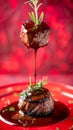 Gourmet Filet Mignon Steak Drizzled with Rich Balsamic Glaze and Rosemary on Elegant Red Plate