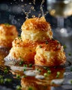 Gourmet Filo Pastry Appetizers Drizzled with Honey on Elegant Dark Background with Wine Glass Accompaniment