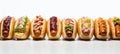 Gourmet french hot dogs with assorted sauces, isolated on white background with text space Royalty Free Stock Photo