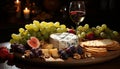 Gourmet French meal wine, cheese, bread, fruit, honey generated by AI