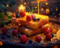 Gourmet French Toast with Fresh Berries and Honey Drizzle on Rustic Table, Food Photography Concept Royalty Free Stock Photo