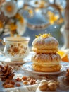 Gourmet Fresh Baked Sweet Buns Topped with Citrus Zest on Elegant Porcelain Dish with Vintage Tea Cup and Spring Blossoms in Soft