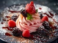 Gourmet Fresh Berry Meringue Dessert with Whipped Cream and Chocolate Drizzle on Elegant Dark Background