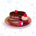 Gourmet fresh sweets from a pastry bakery. Cake coated with chocolate glaze. High-calorie pink strawberry red cherry.