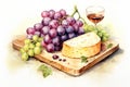 Gourmet glass bottle food cheese drink alcohol background grapes red table wine white fruit Royalty Free Stock Photo