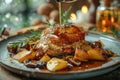 Gourmet Glazed Chicken with Roasted Potatoes and Mushrooms on Elegant Dinner Plate
