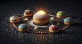 Gourmet glowing donut surrounded by an array of colorful mini doughnuts on a dark background Royalty Free Stock Photo