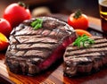 Gourmet grilled beef meat steak New York menu with parsley on wooden board on restaurant background