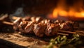 Gourmet grilled meat skewers over flaming coals generated by AI Royalty Free Stock Photo