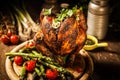 Gourmet Grilled Whole Beer Can Chicken on Wooden Board Royalty Free Stock Photo