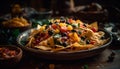 Gourmet guacamole on crispy tortilla chips, fresh cilantro generated by AI